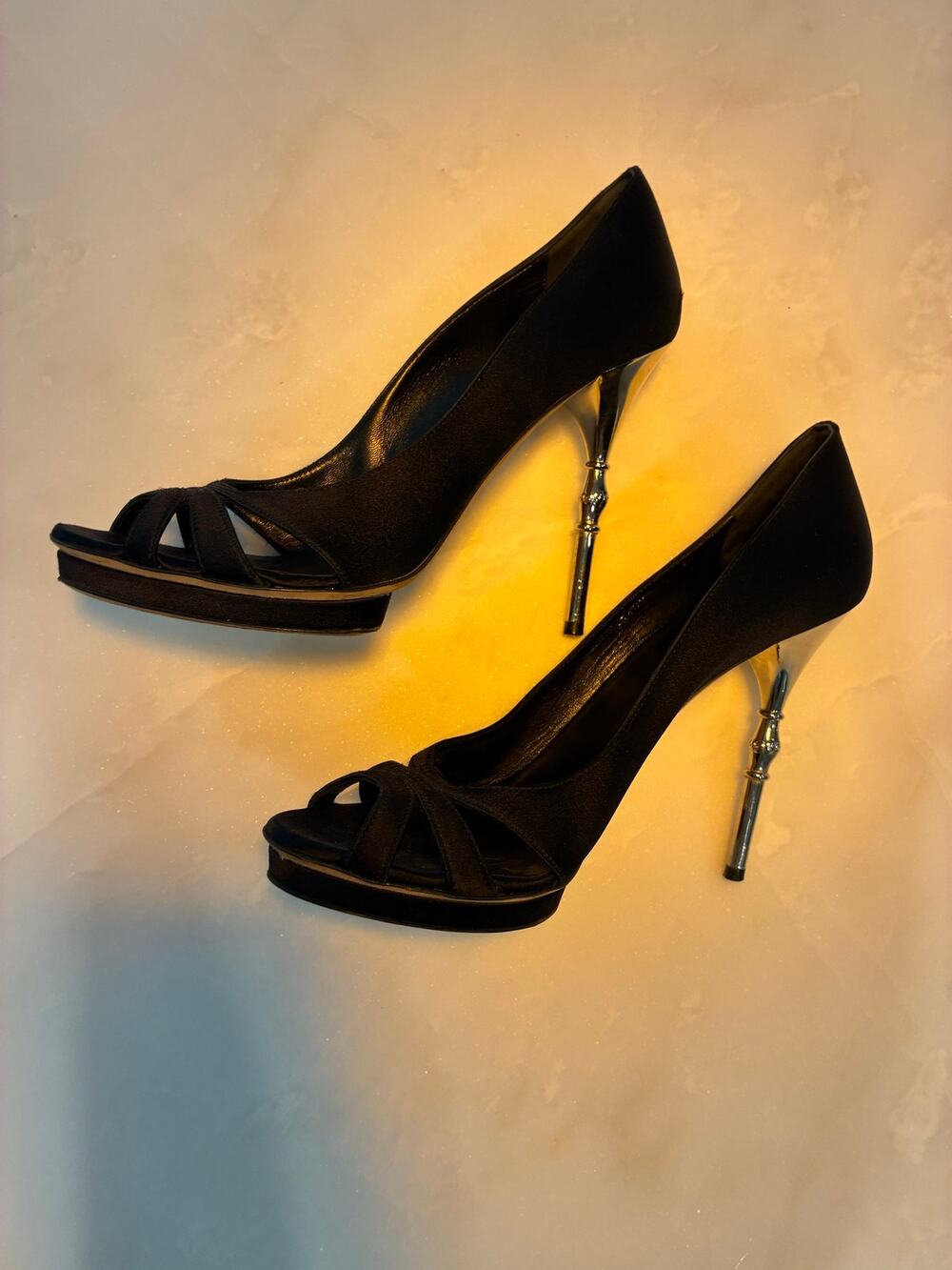 Vintage Gucci Black Satin Bamboo Silver Metal Stiletto Heels 38.5 Italy